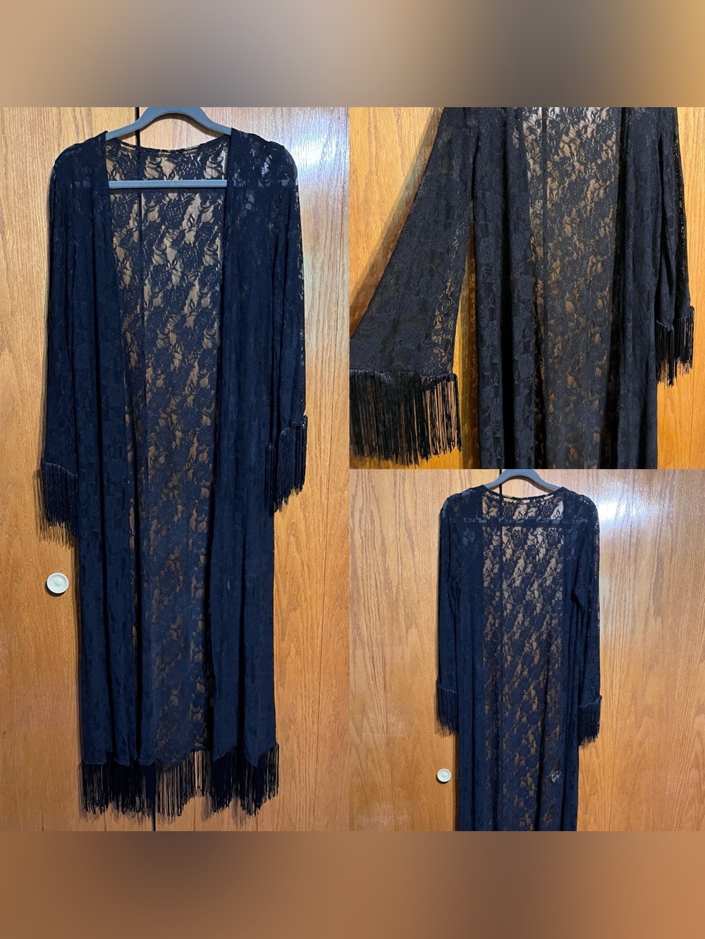 Black Lace Fringe Duster Coat - Women's Long Sheer Jacket